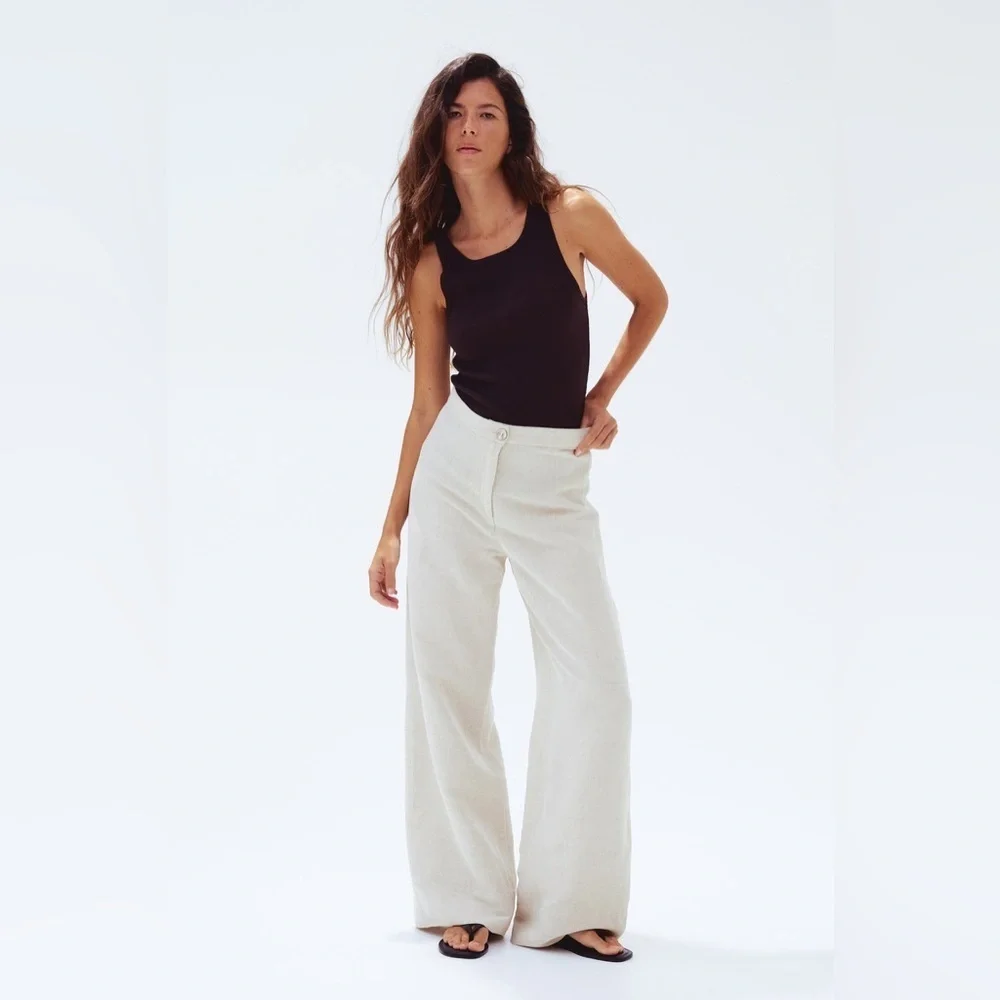 H&M Linen Blend Wide Leg Pants High Waisted Neutral Cream Tan sz 2
